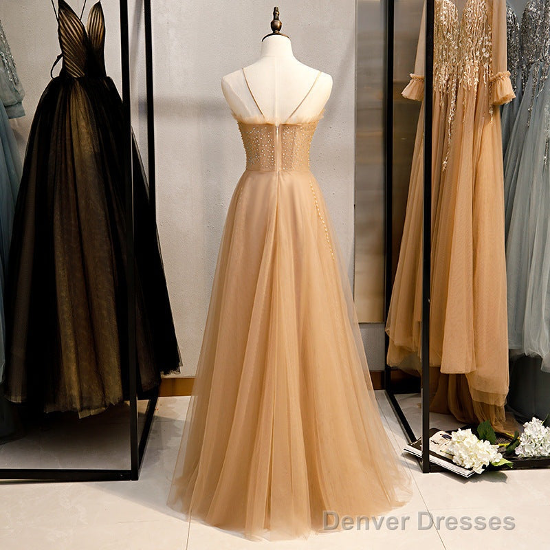 Champagne Sequins Tulle Straps Long Evening Dress Party Dress, Sweetheart Prom Dress