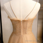 Champagne Sequins Tulle Straps Long Evening Dress Party Dress, Sweetheart Prom Dress