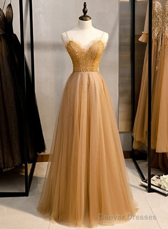 Champagne Sequins Tulle Straps Long Evening Dress Party Dress, Sweetheart Prom Dress Main image