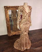 Champagne Sequins V-Neck Long Sleevess Mermaid Prom Dress