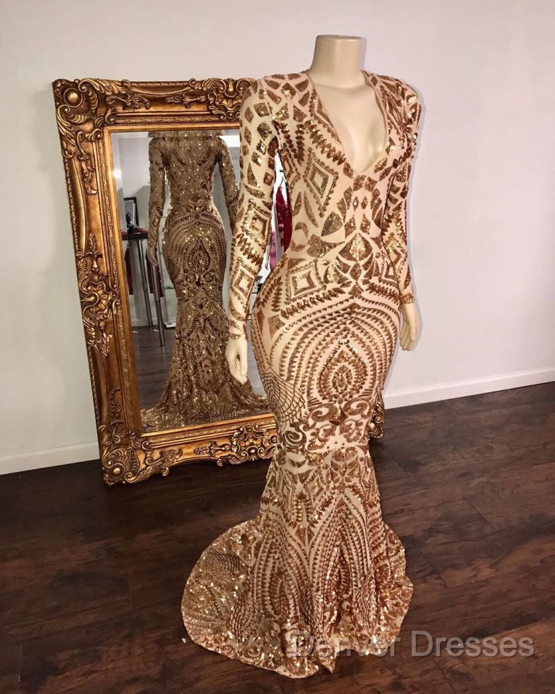 Champagne Sequins V-Neck Long Sleevess Mermaid Prom Dress
