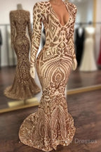 Champagne Sequins V-Neck Long Sleevess Mermaid Prom Dress
