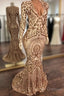 Champagne Sequins V-Neck Long Sleevess Mermaid Prom Dress