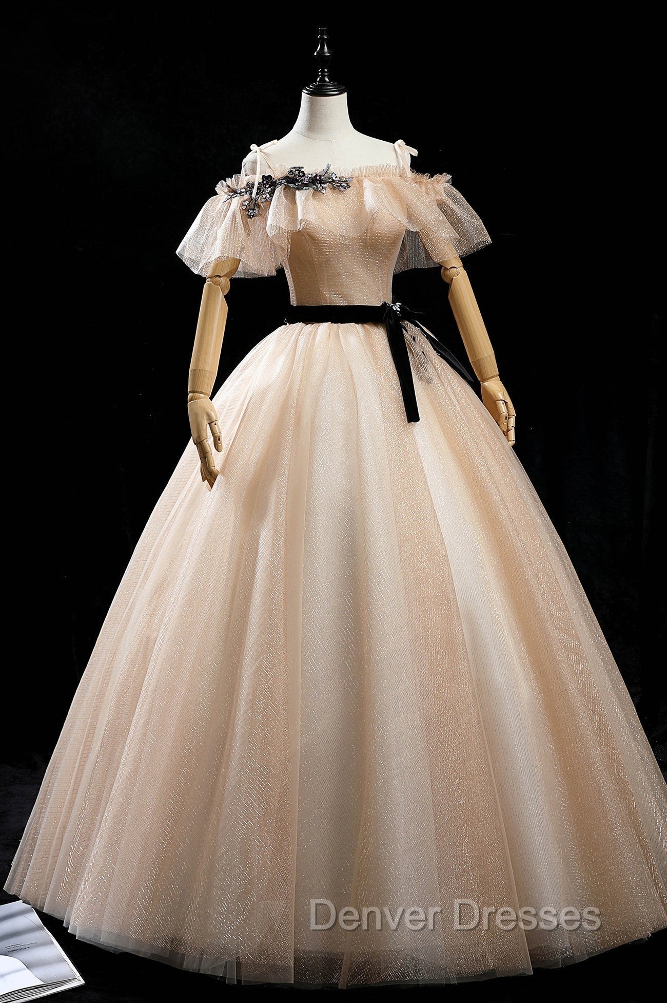 Champagne Shiny Tulle Floor Length Prom Dress, Off the Shoulder Evening Dress Secondary image