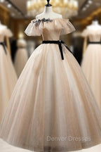 Champagne Shiny Tulle Floor Length Prom Dress, Off the Shoulder Evening Dress