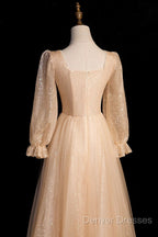 Champagne Short Sleeves Beaded Long Party Dress, A-Line Tulle Prom Dress