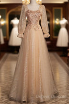 Champagne Short Sleeves Beaded Long Party Dress, A-Line Tulle Prom Dress