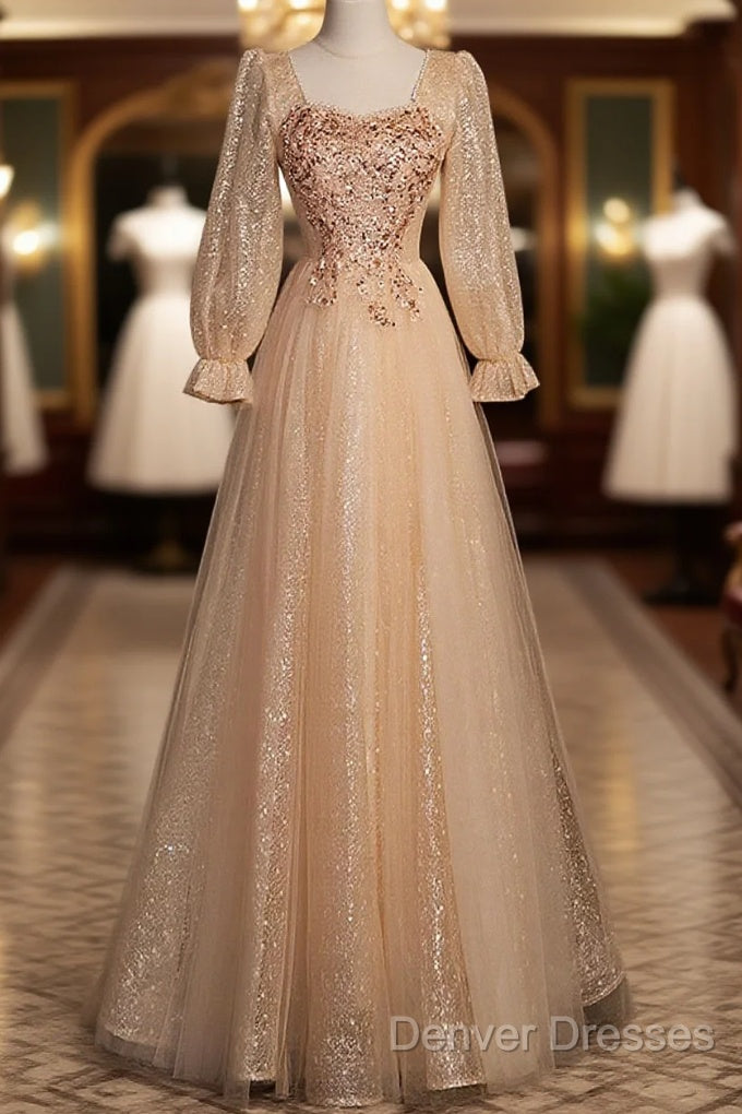 Champagne Short Sleeves Beaded Long Party Dress, A-Line Tulle Prom Dress