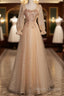 Champagne Short Sleeves Beaded Long Party Dress, A-Line Tulle Prom Dress