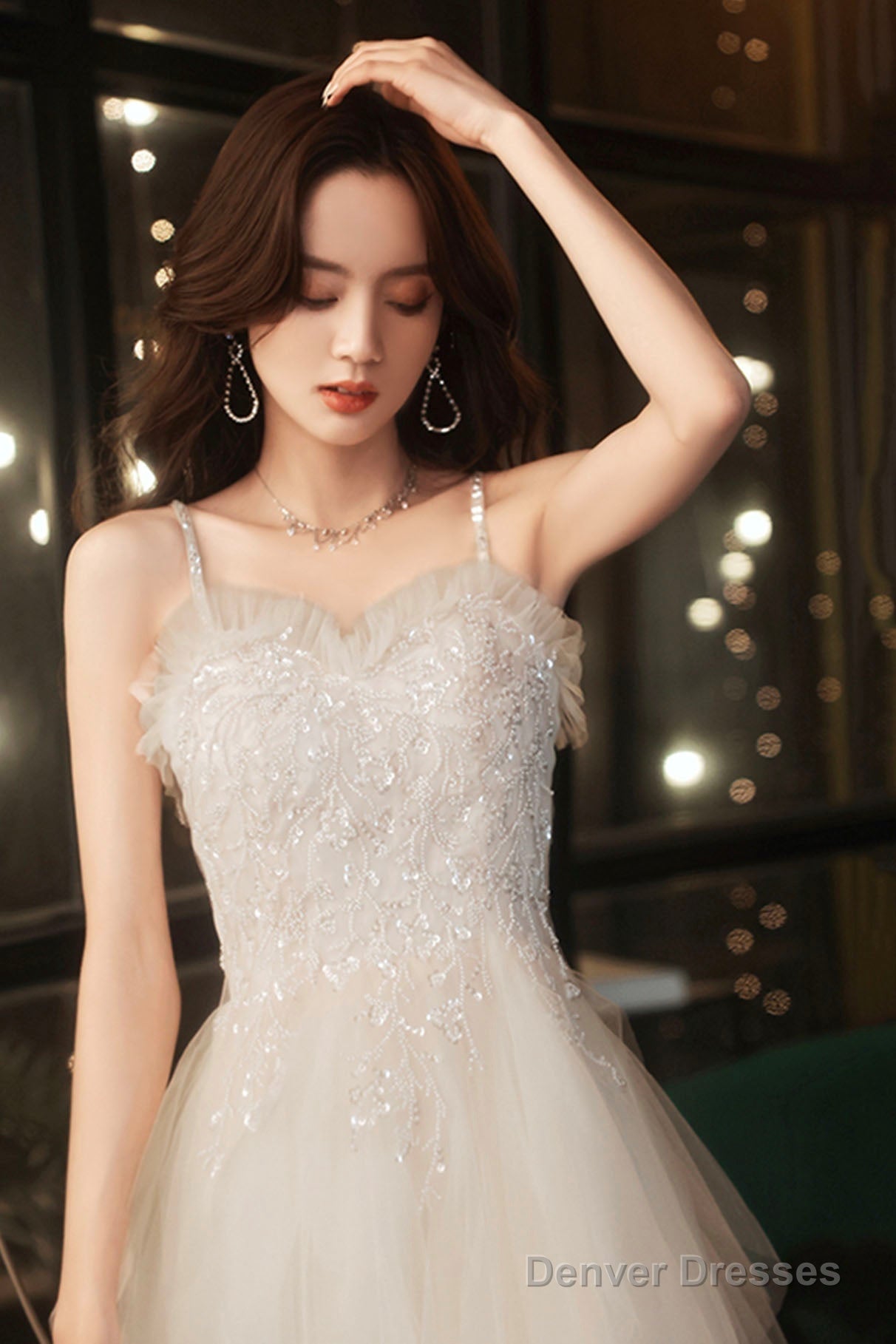 Champagne Spaghetti Strap Long Prom Dress