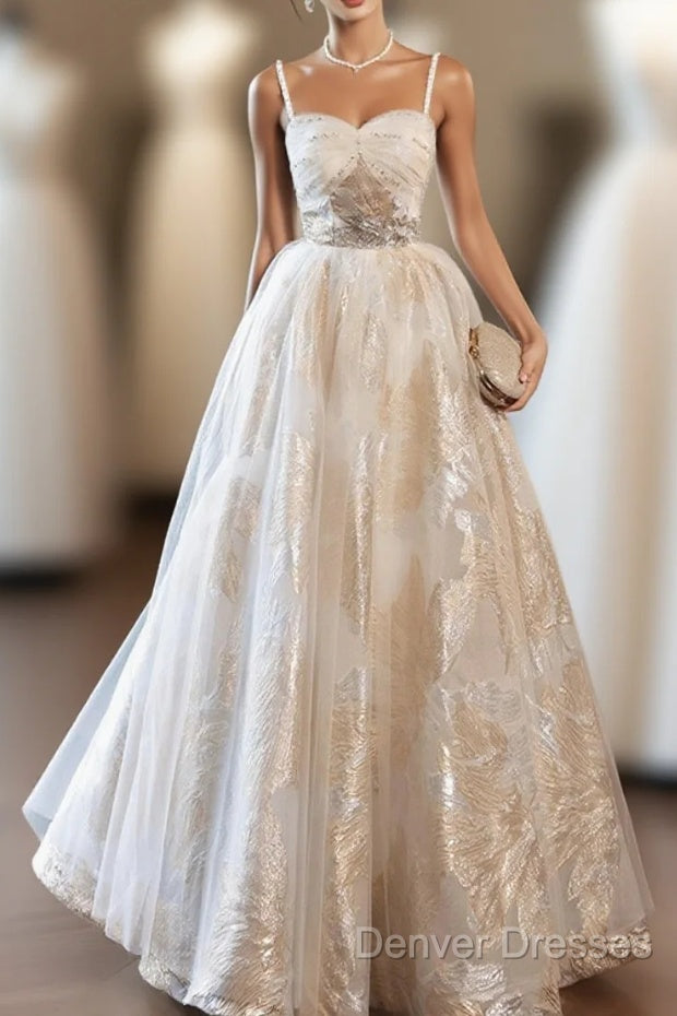Champagne Spaghetti Strap Tulle Formal Dress, A-Line Sweetheart Neck Evening Party Dress Main image