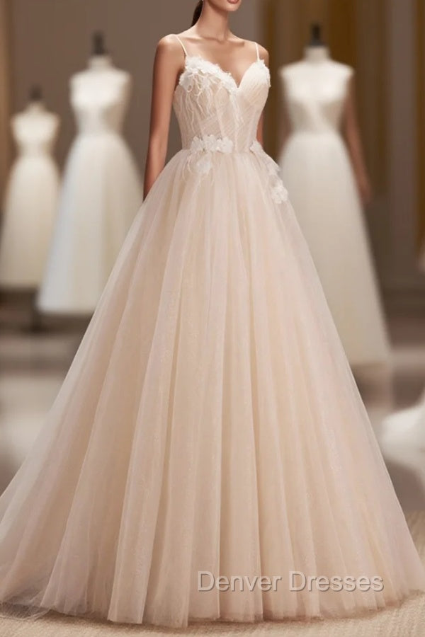 Champagne Spaghetti Strap Tulle Formal Dress with Feathers, Cute A-Line Evening Dress Secondary image