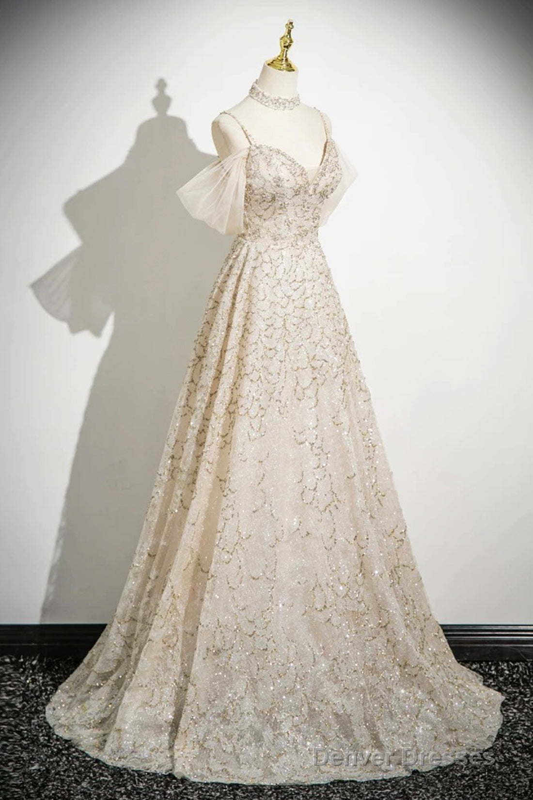 Champagne Spaghetti Strap Tulle Long Prom Dress, Shiny A-Line Evening Dress Secondary image