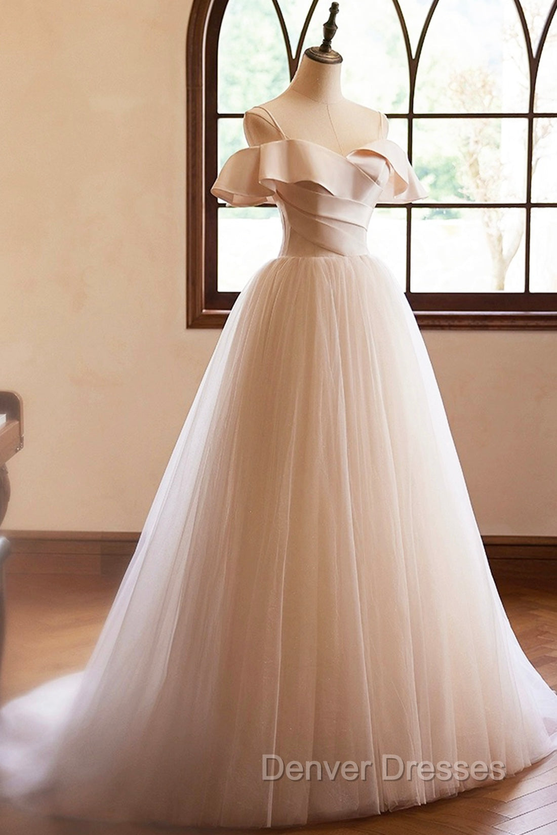 Champagne Spaghetti Straps Floor Length Prom Dress, A-Line Sleeveless Backless Evening Party Dress Secondary image