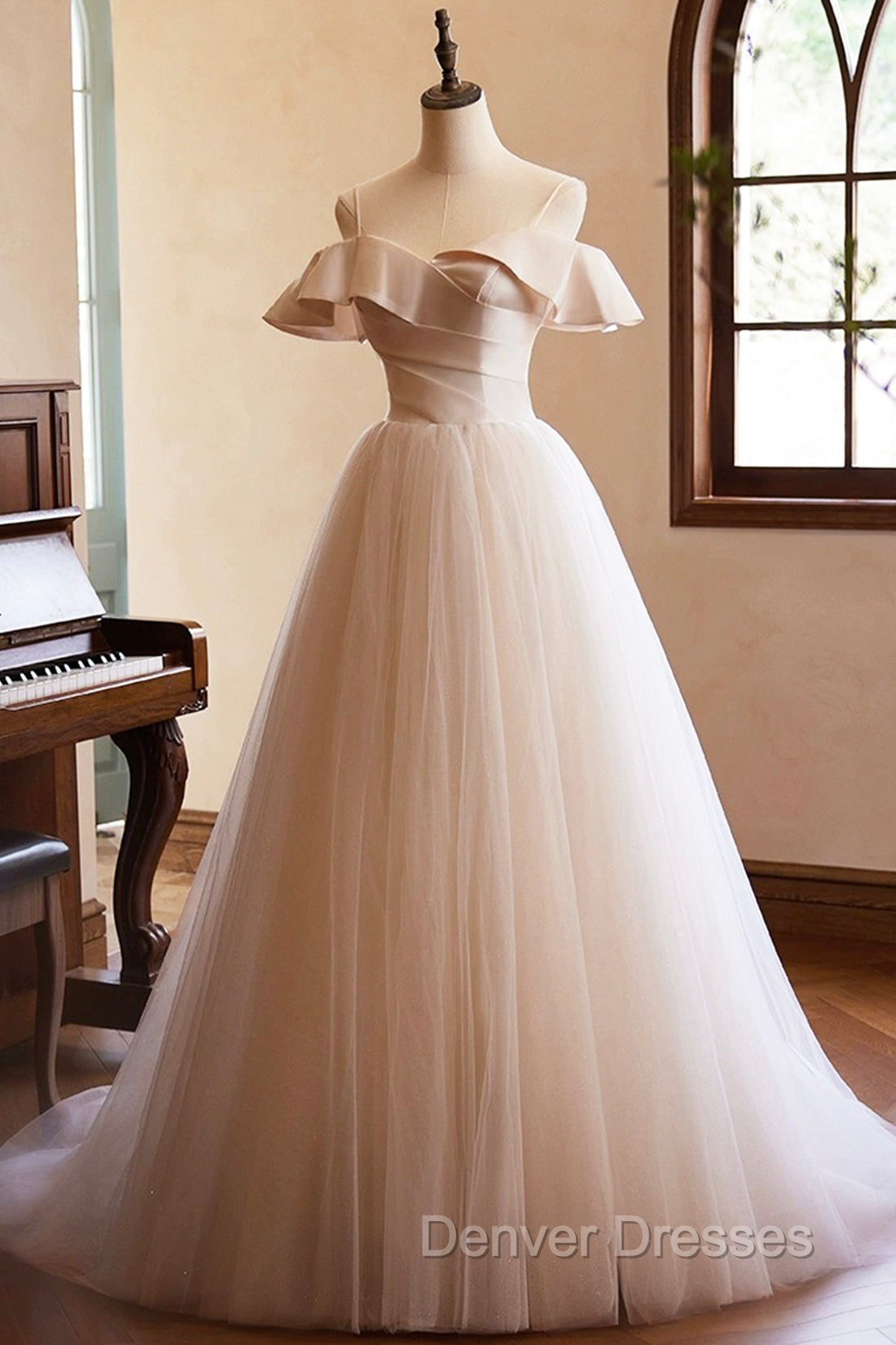 Champagne Spaghetti Straps Floor Length Prom Dress, A-Line Sleeveless Backless Evening Party Dress