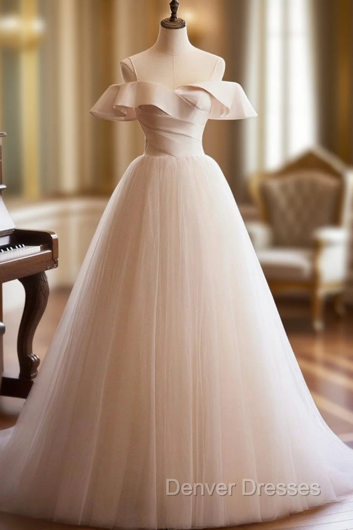 Champagne Spaghetti Straps Floor Length Prom Dress, A-Line Sleeveless Backless Evening Party Dress