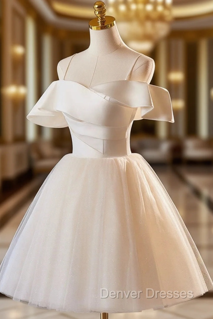 Champagne Spaghetti Straps Knee Length Prom Dress, A-Line Sleeveless Backless Party Dress