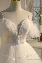 Champagne Spaghetti Straps Lace Short Prom Dress,  A-Line Party Dress