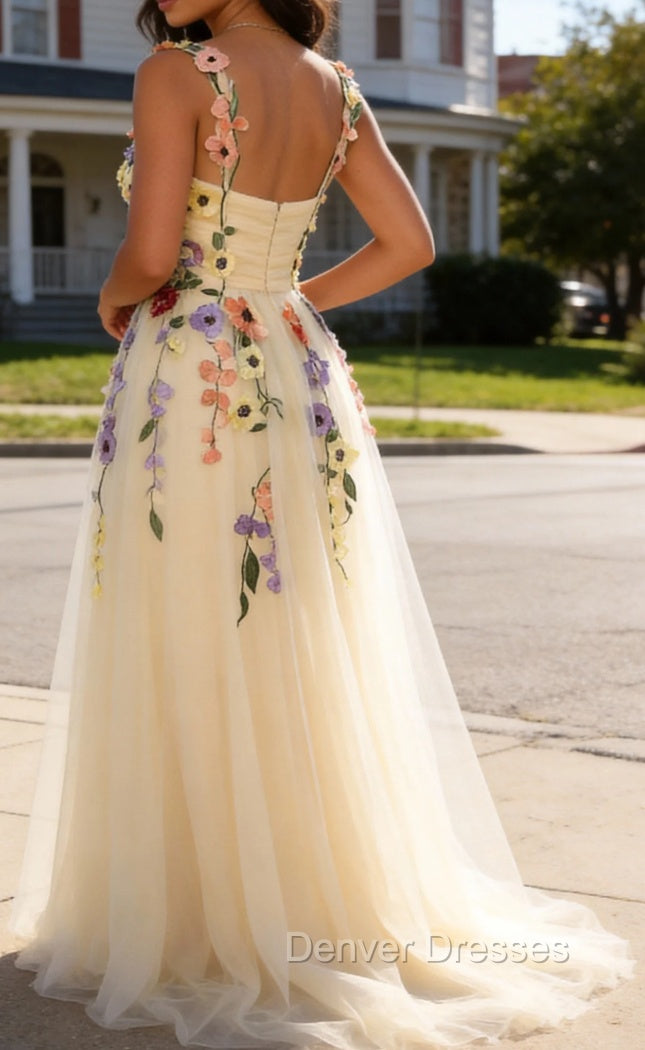 Champagne Spaghetti Straps Prom Dress With 3D Flowers Secondary image