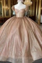 Champagne Sparkle Ball Gown Off-the-Shoulder Short Sleeves Quinceanera Dress