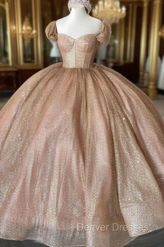 Champagne Sparkle Ball Gown Off-the-Shoulder Short Sleeves Quinceanera Dress