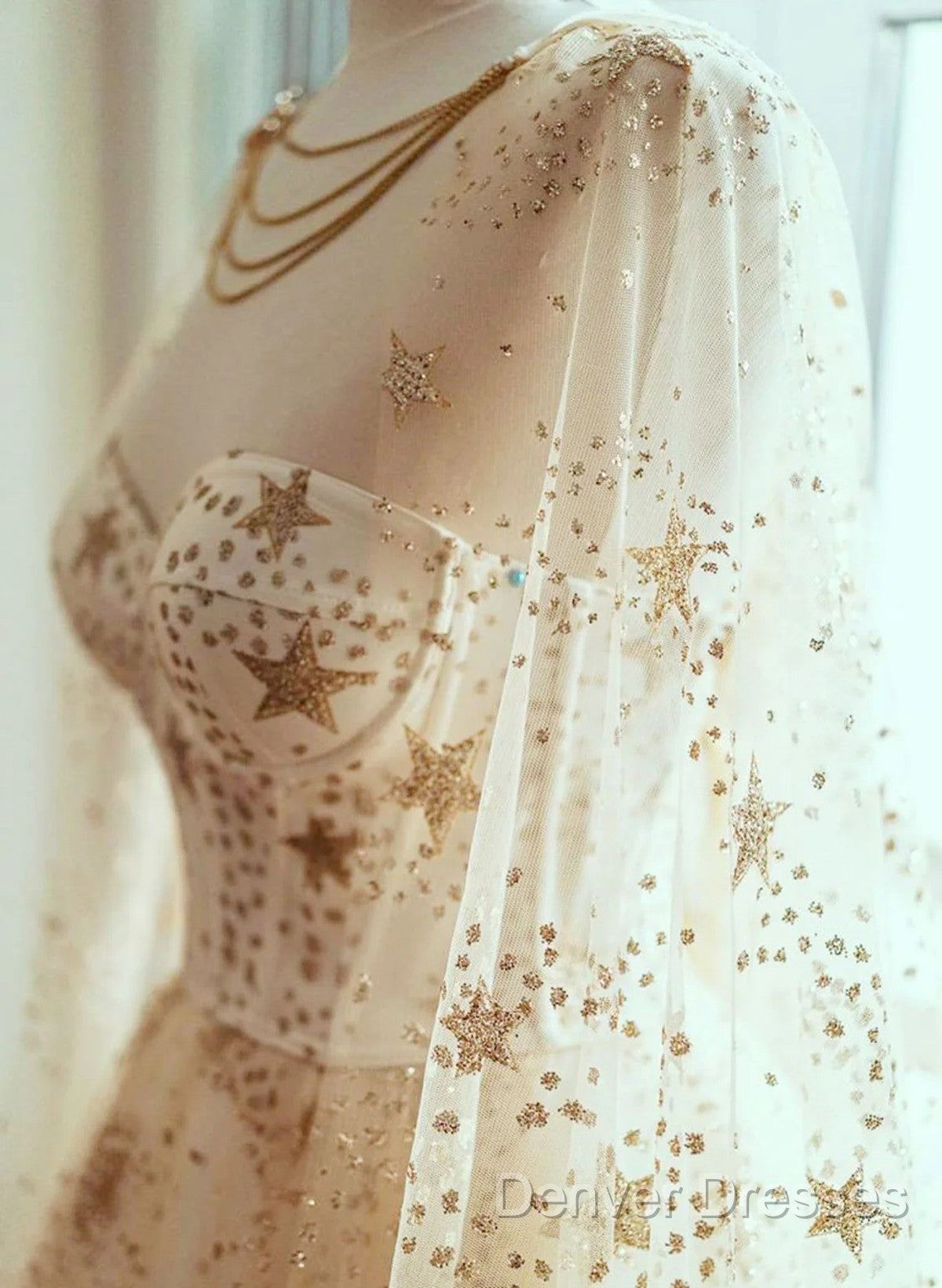 Champagne Stars A-Line Tulle Long Formal Dress, Champagne Prom Dress Secondary image