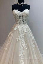 Champagne Strapless Lace Long Prom Dress, A-Line Formal Evening Dress