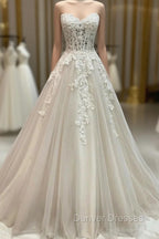 Champagne Strapless Lace Long Prom Dress, A-Line Formal Evening Dress