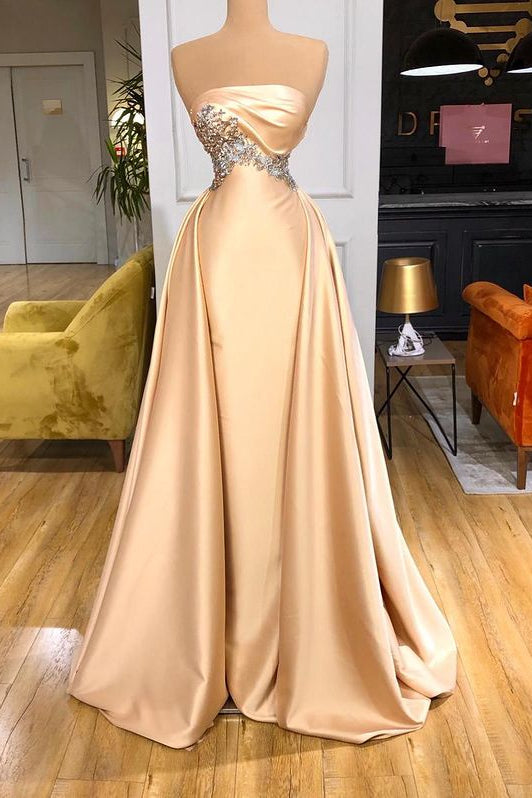Champagne Strapless Overskirt Prom Dress Long With Crystals