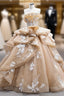 Champagne Strapless Tulle Appliques Prom Dress