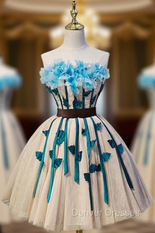 Champagne Strapless Tulle Flower Homecoming Dress Main image