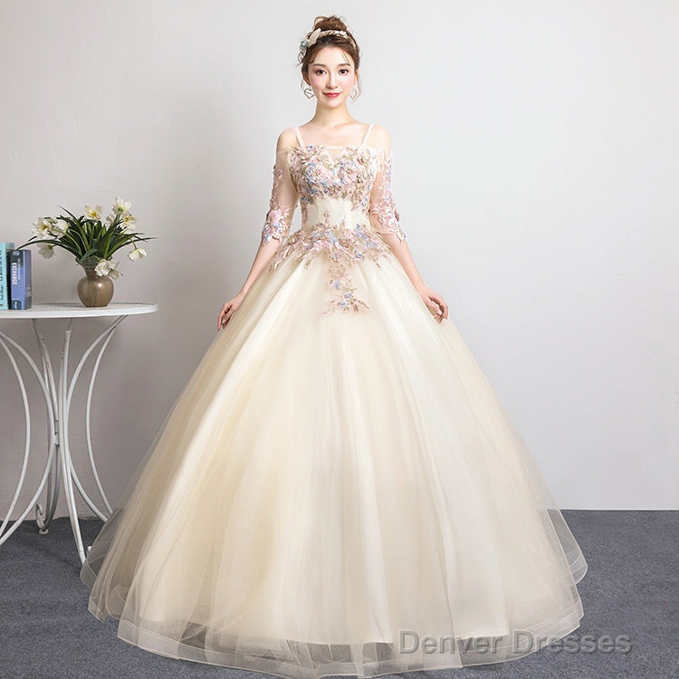 Champagne Sweet 16 Gown Long Party Dress, Straps Evening Formal Dresses
