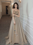 Champagne Sweetheart Beaded And Lace Long Party Dress, A-Line Champagne Prom Dress