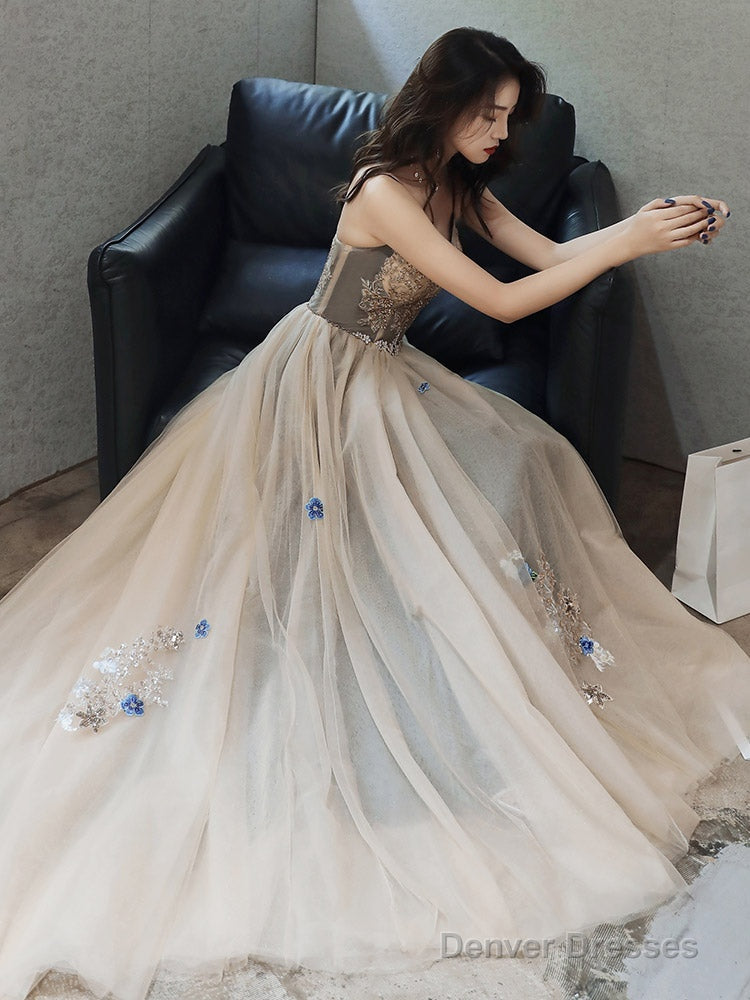 Champagne Sweetheart Beaded And Lace Long Party Dress, A-Line Champagne Prom Dress