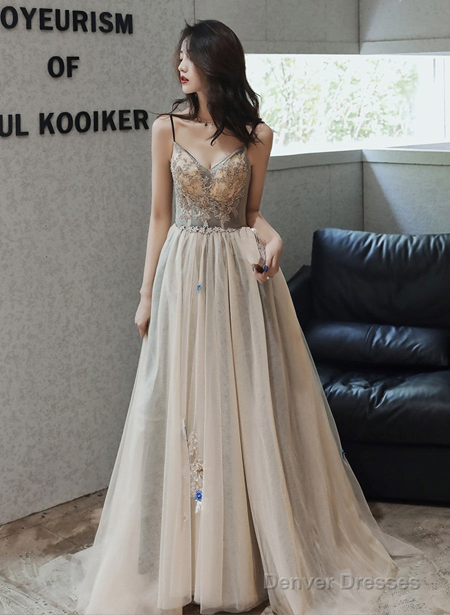 Champagne Sweetheart Beaded And Lace Long Party Dress, A-Line Champagne Prom Dress