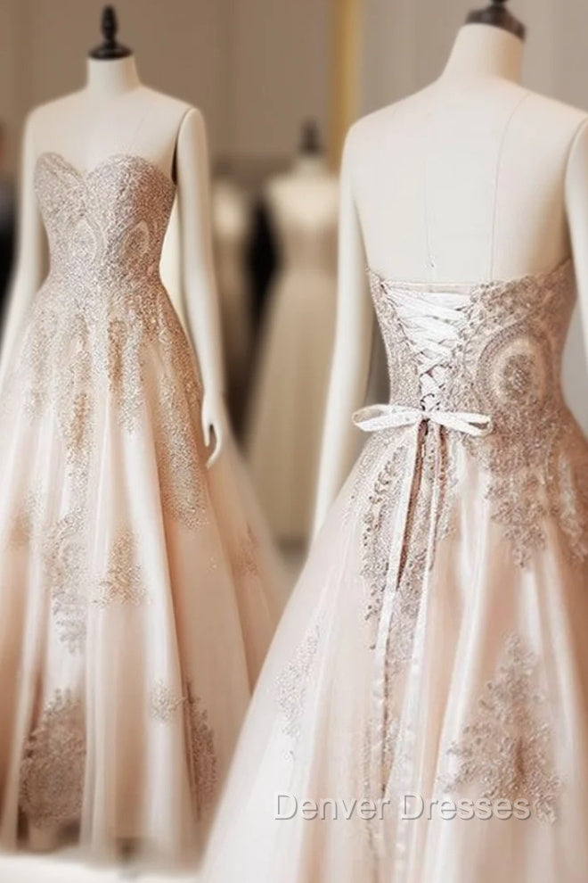 Champagne Sweetheart Lace Applique Long Prom Dress, Champagne Evening Dress Main image
