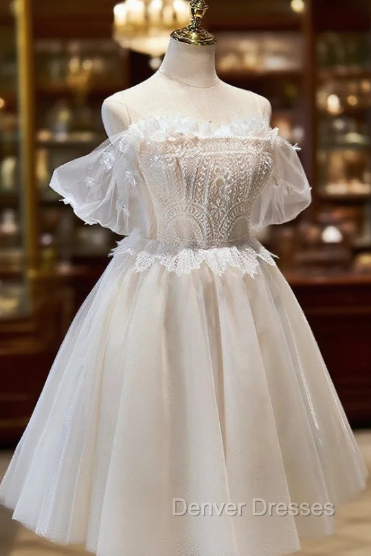 Champagne Sweetheart Lace Tulle Party Dress, A-Line Homecoming Dress