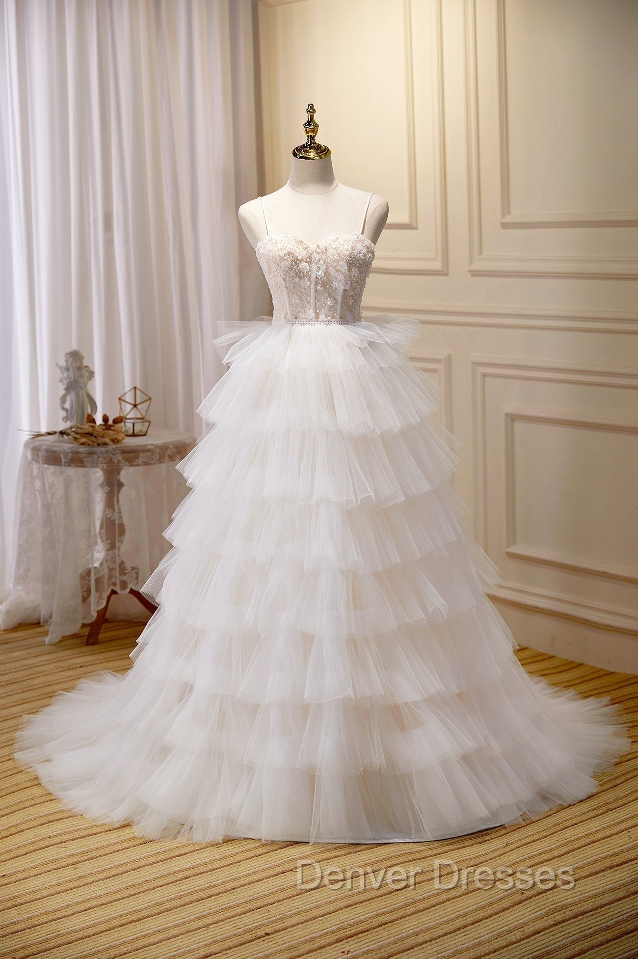 Champagne Sweetheart Layers Princess Dress, Spaghetti Straps Tulle Formal Gown Main image