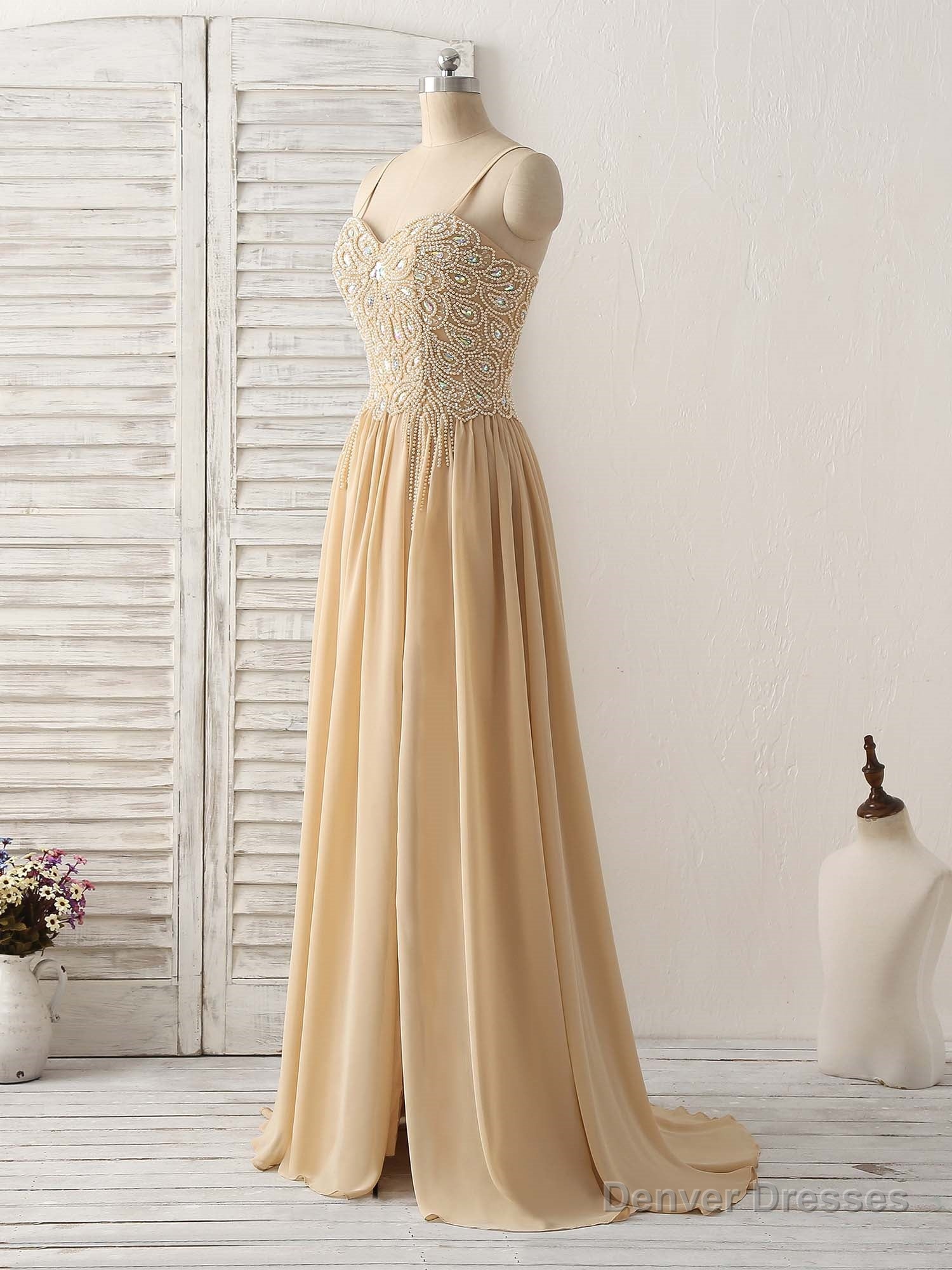 Champagne Sweetheart Neck Beads Long Prom Dress Evening Dress Main image