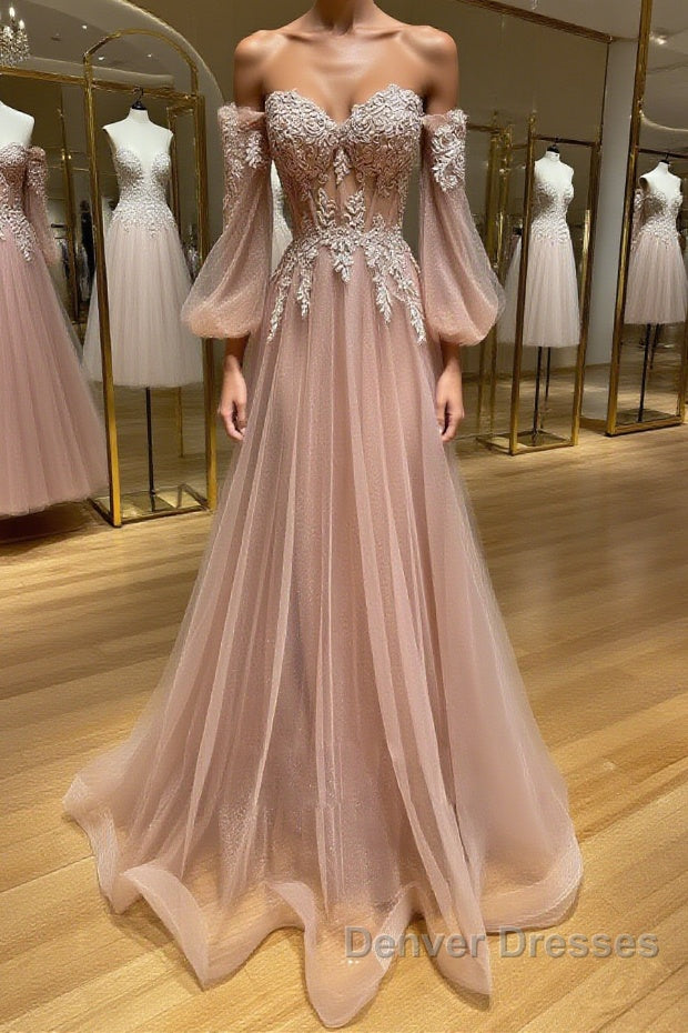 Champagne sweetheart neck tulle lace long prom Dress, lace evening Dress Main image