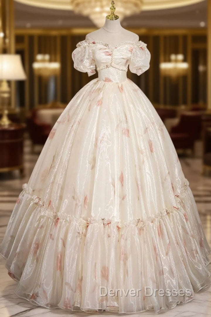 Champagne Sweetheart Neck Tulle Long Prom Dress, Champagne Formal Dress Main image