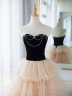 Champagne Sweetheart Neck Tulle Long Prom Dress, Champagne Formal Dress
