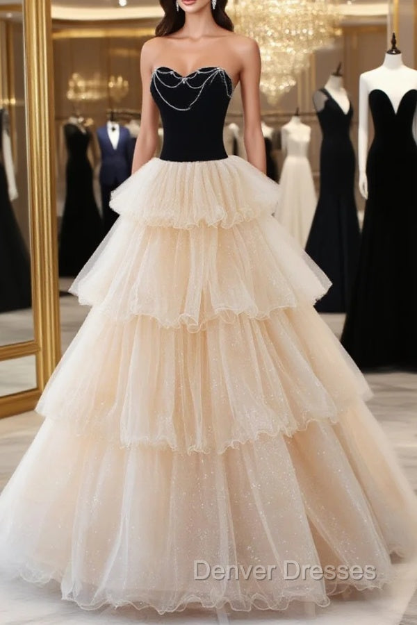 Champagne Sweetheart Neck Tulle Long Prom Dress, Champagne Formal Dress Main image
