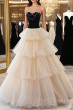 Champagne Sweetheart Neck Tulle Long Prom Dress, Champagne Formal Dress