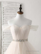 Champagne Sweetheart Off Shoulder Tulle Long Prom Dresses