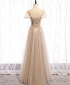 Champagne Sweetheart Tulle Lace Long Prom Dress Champagne Formal Dress