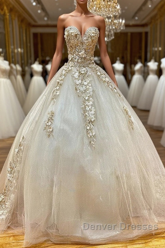 Champagne sweetheart tulle lace long prom gown, tulle formal gown