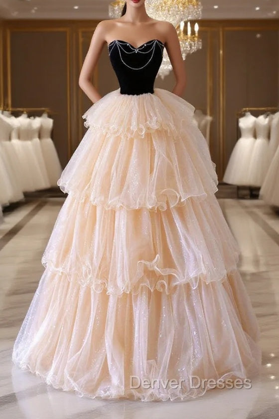 Champagne Sweetheart Tulle Layers Long Party Dress, Strapless A-Line Prom Dress