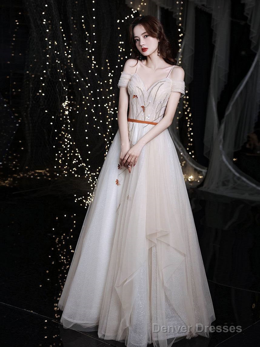 Champagne Sweetheart Tulle Long Prom Dress, Champagne Evening Dress