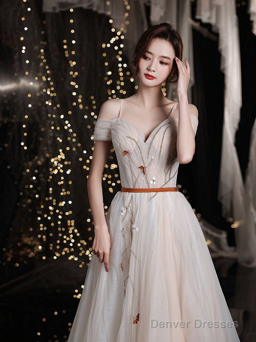 Champagne Sweetheart Tulle Long Prom Dress, Champagne Evening Dress